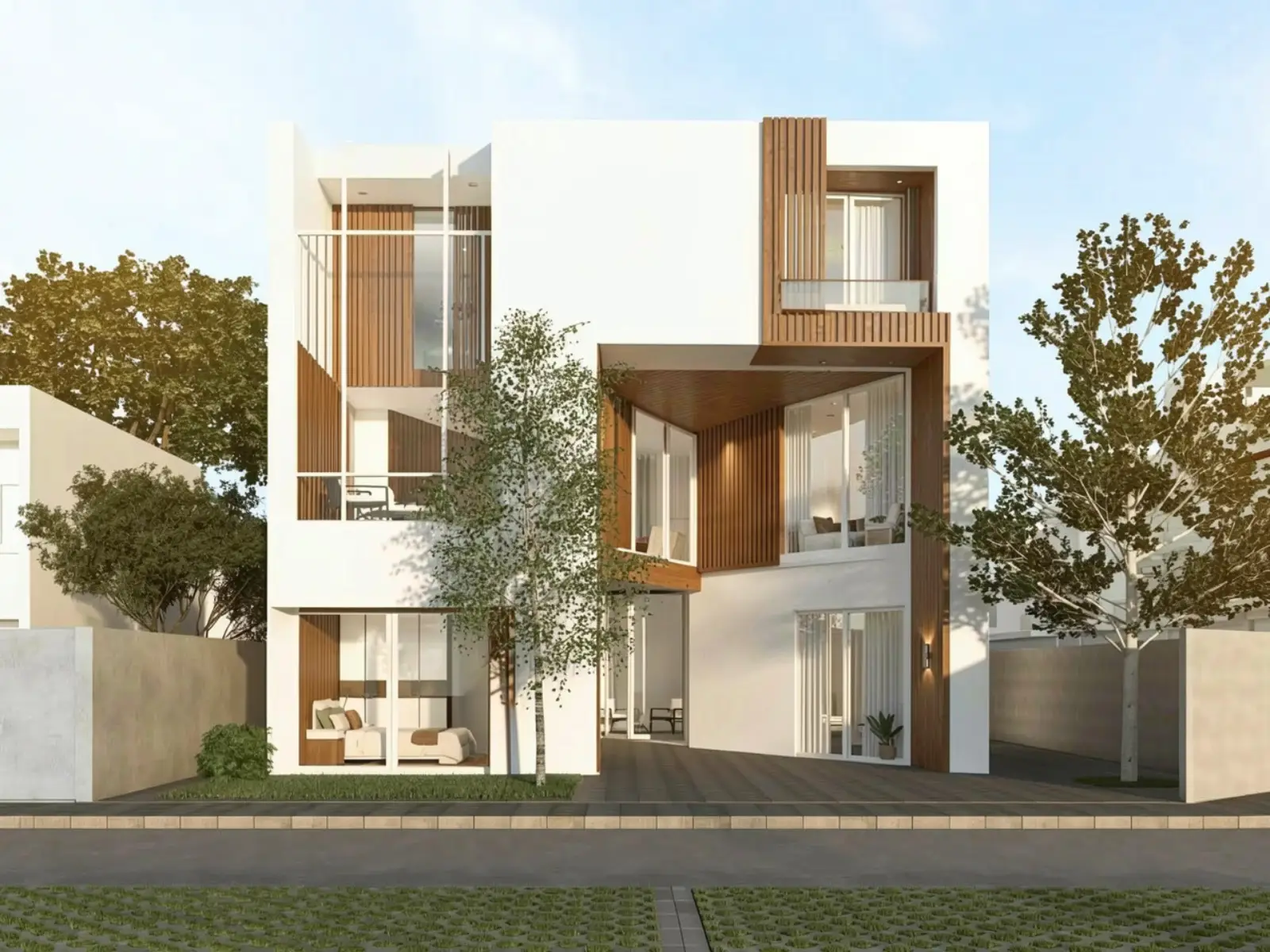 A modern white and timber house