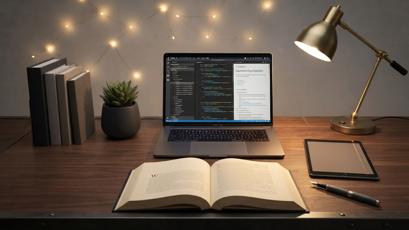 A desk with a laptop, an open book and a pen under a warm lamp