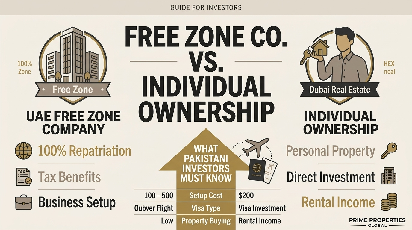 Infographic comparing a UAE free zone company with individual ownership of Dubai real estate