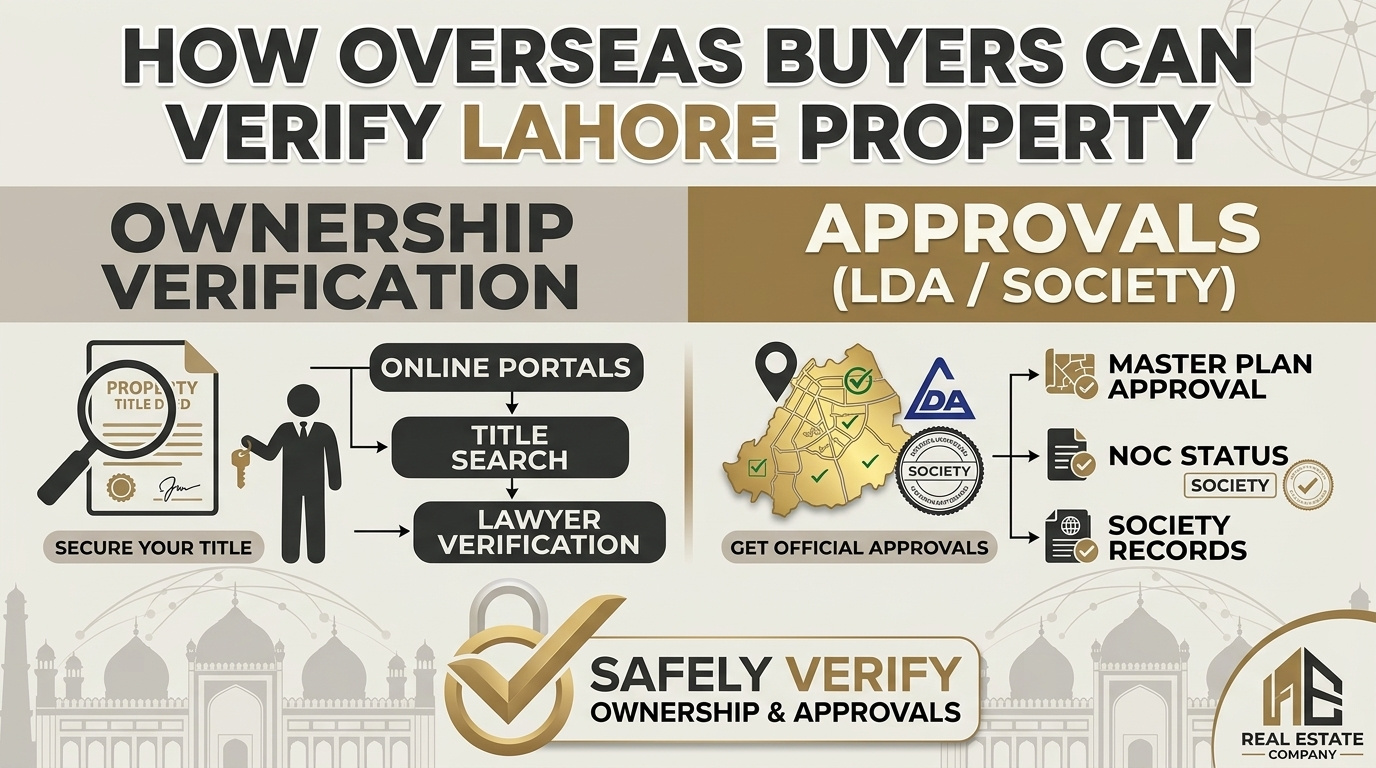 Infographic: how overseas buyers can verify Lahore property — ownership verification (online portals, title search, lawyer verification) and approvals (LDA / society: master plan approval, NOC status, society records)