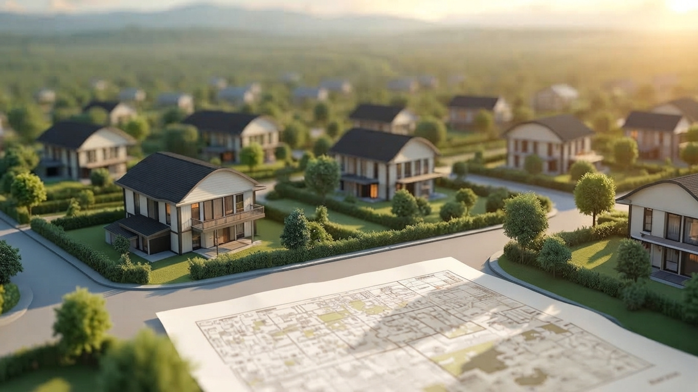 Aerial view of residential plots in a planned community