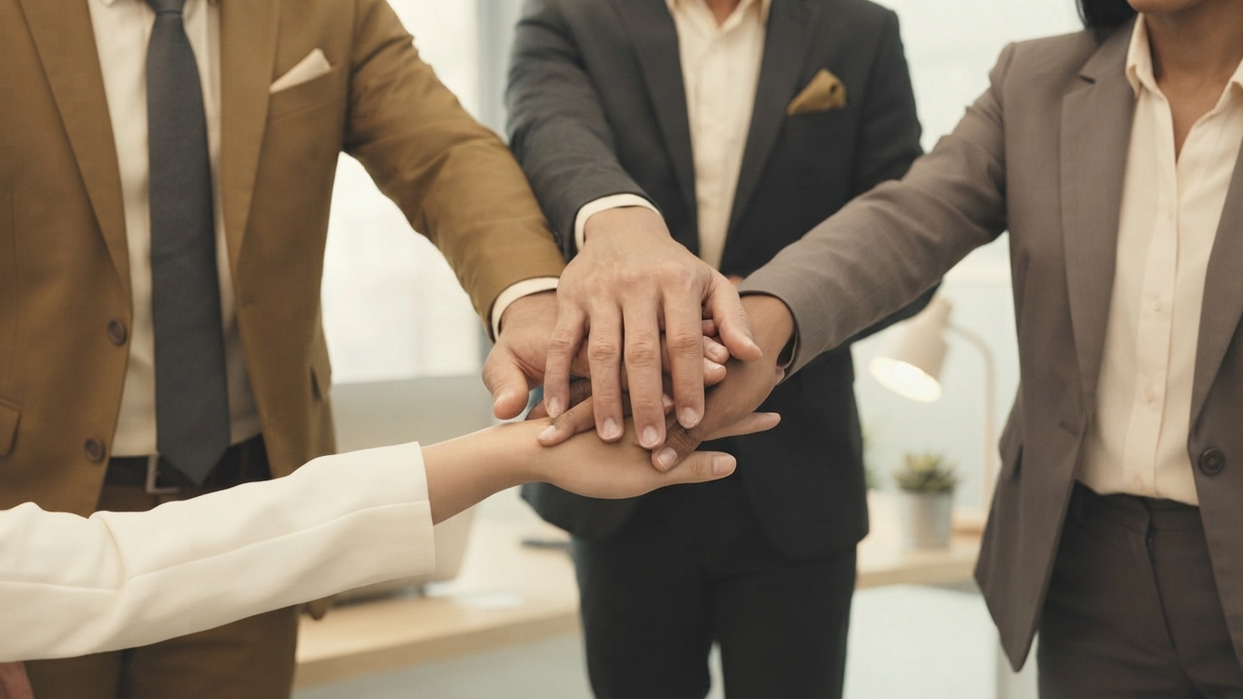 Team members joining hands together