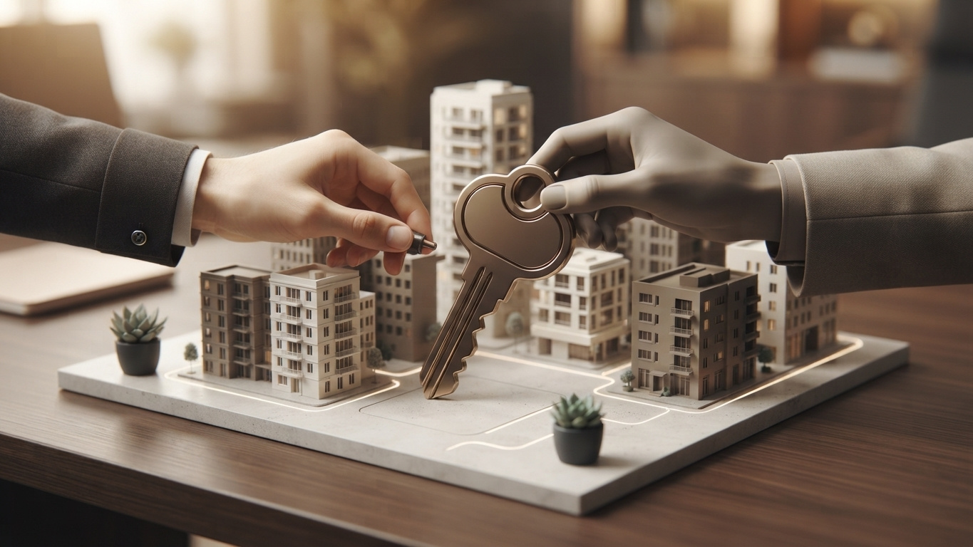 Keys being handed over above a model of a property development