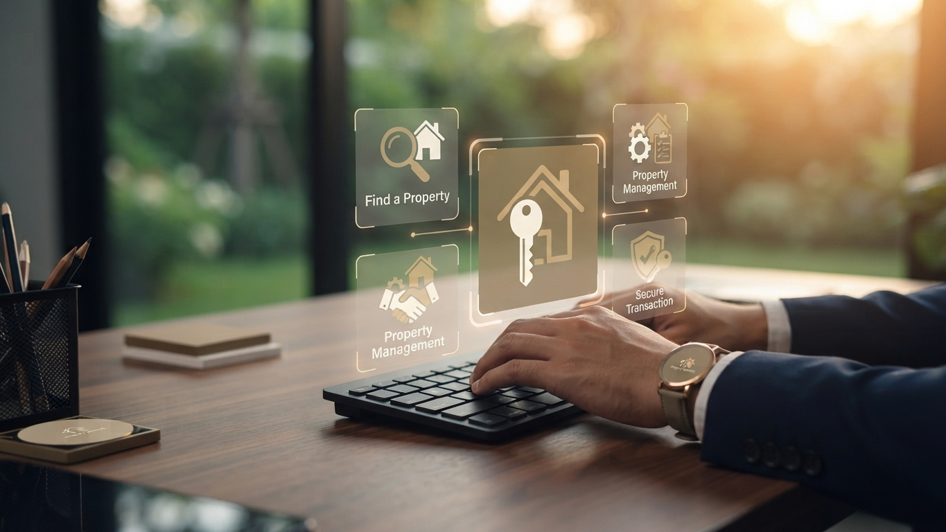 Digital property services icons over a desk