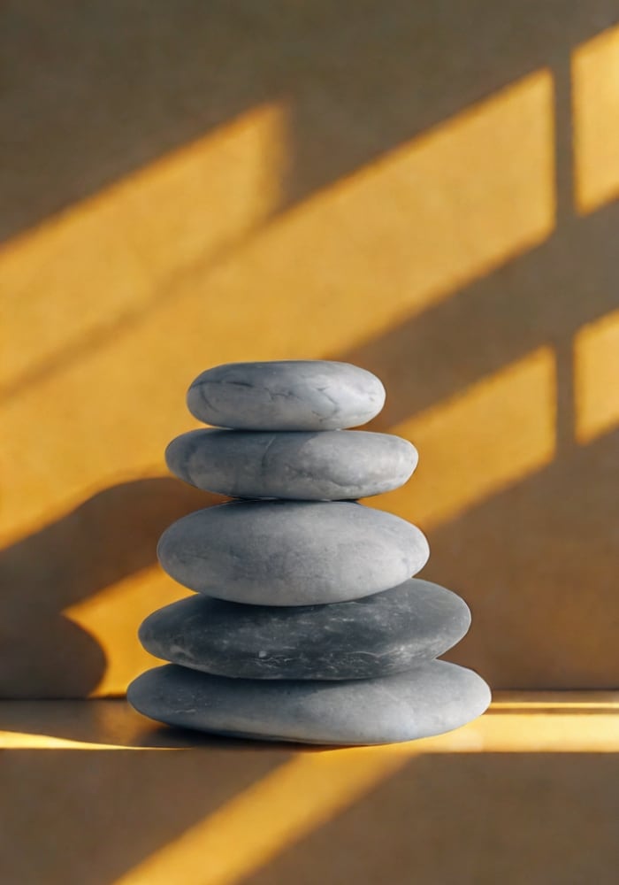 A balanced stack of smooth stones in warm sunlight