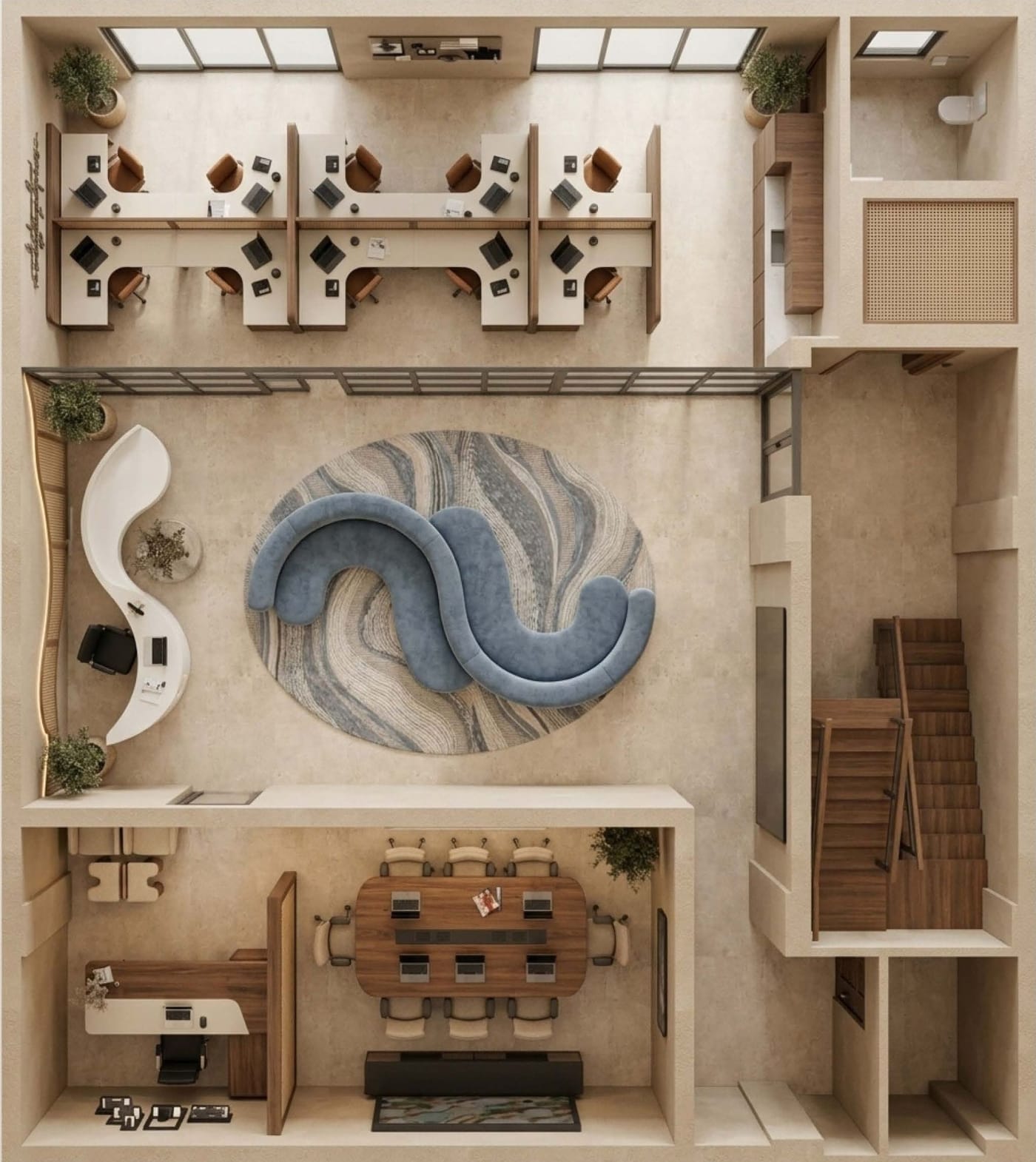 Top-down view of the iLAND office: open workstations, a curved reception desk and a boardroom